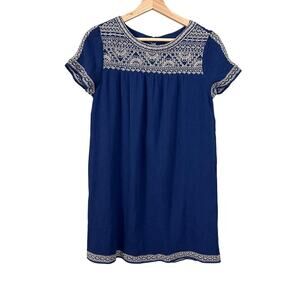 Lucky Brand Embroidered Navy Blue White Short Sleeve Mini Shift Dress Boho XS
